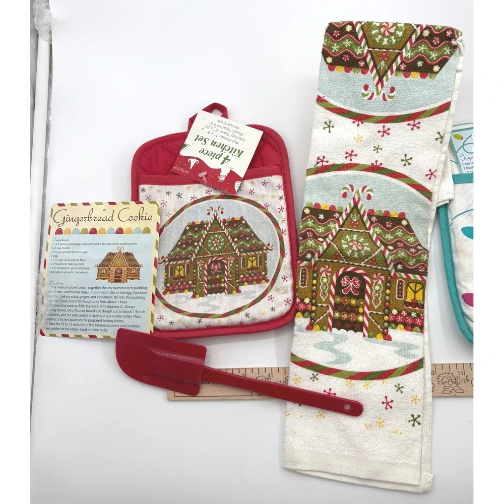 New Morgan Home Christmas Kitchen Set 4pc 2pk Gingerbread Penguin Towel Spatula
